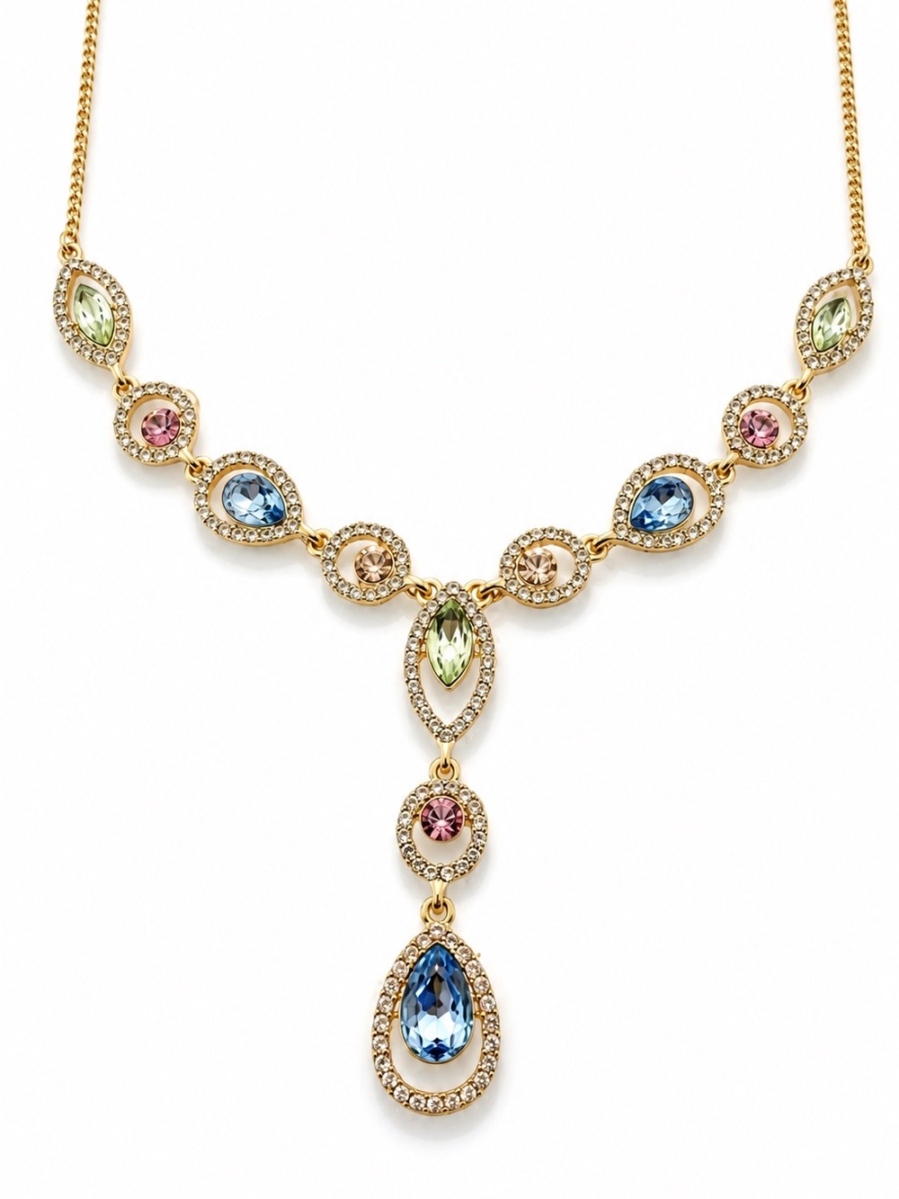 Givenchy Gold Tone Crystal & Multicolor Stone Y-Drop Statement Necklace